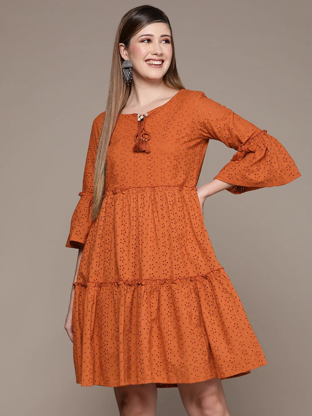 Ishin Women's Orange Schiffli Tiered Dress