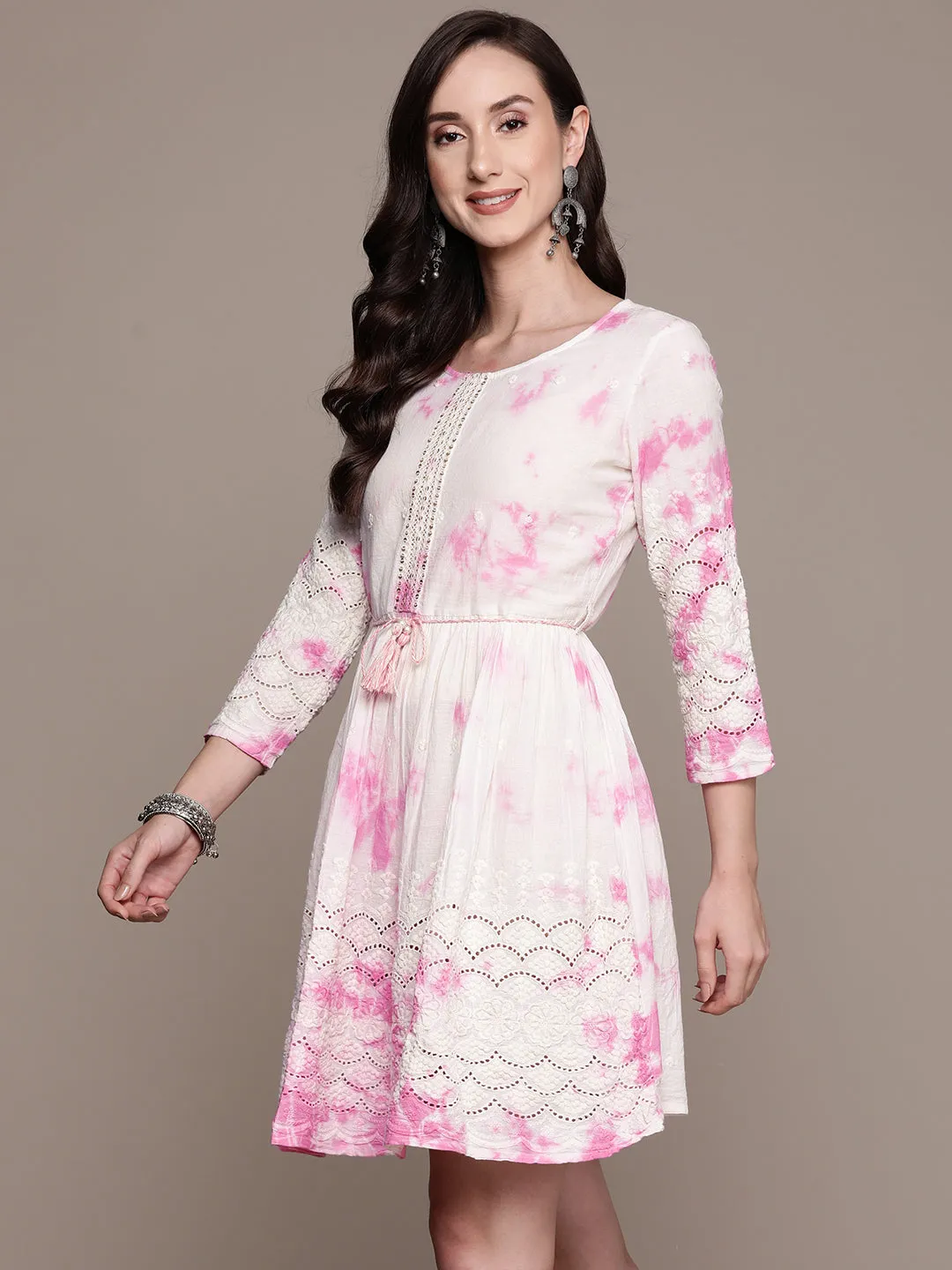 Ishin Women's Pink Schiffli Embroidered A-Line Dress