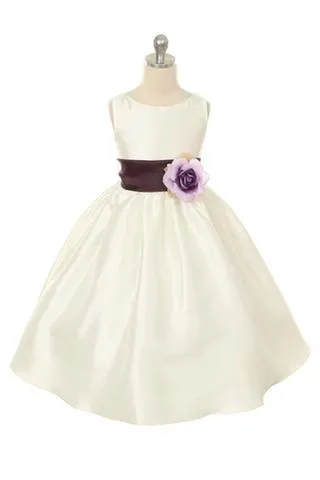 Ivory Classic Poly Silk Girls Dress with Organza Sash