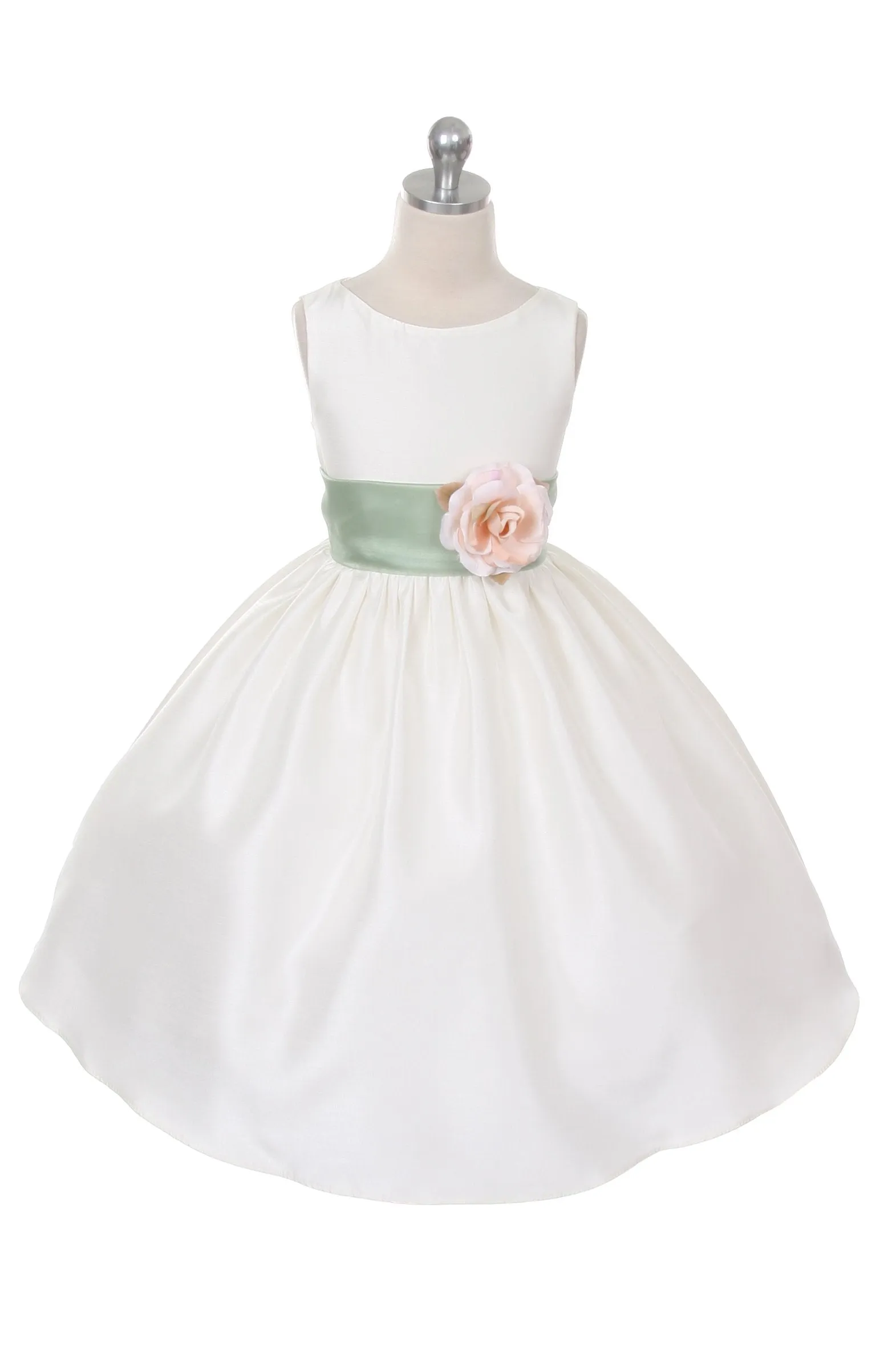 Ivory Classic Poly Silk Girls Dress with Organza Sash