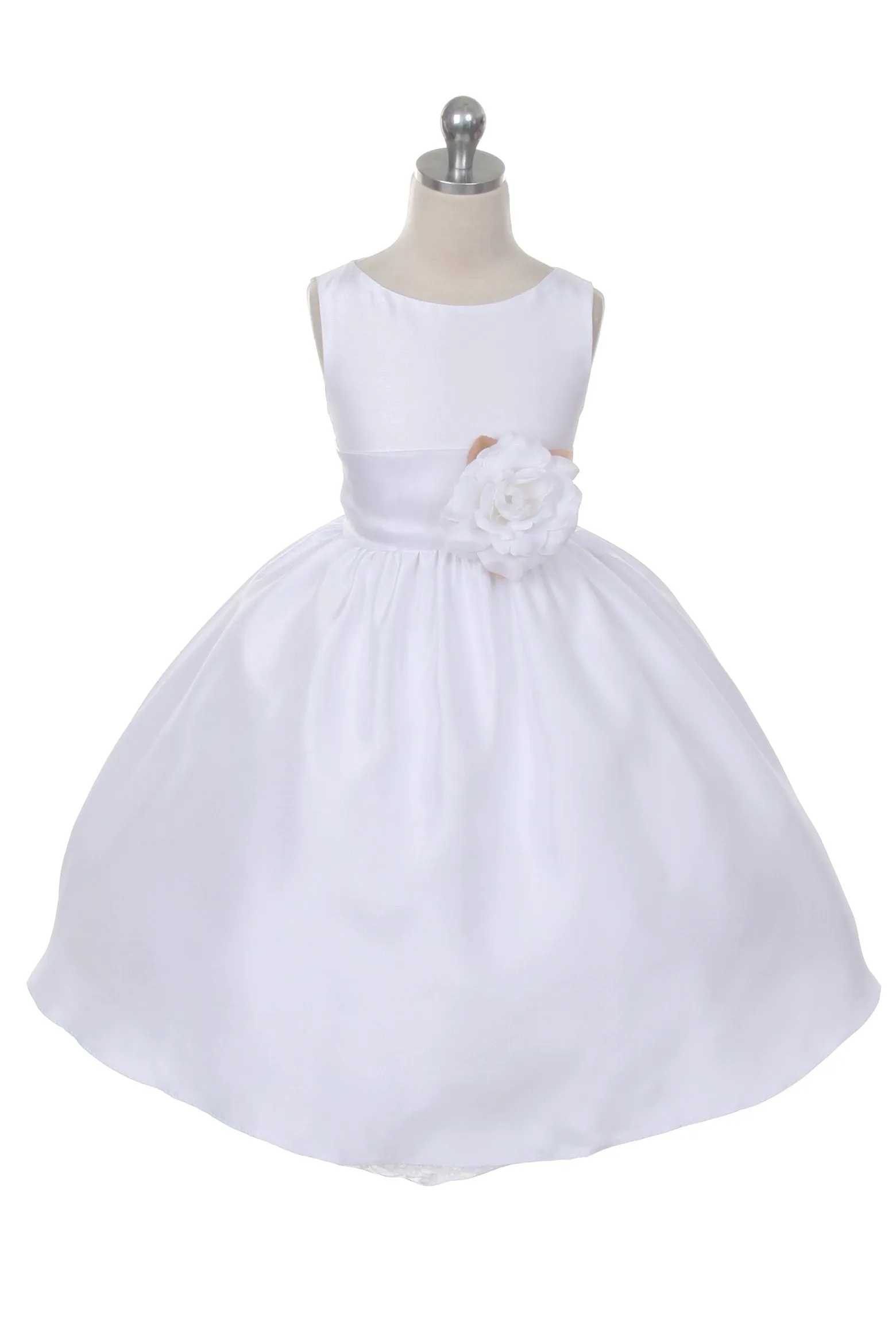 Ivory Classic Poly Silk Girls Dress with Organza Sash