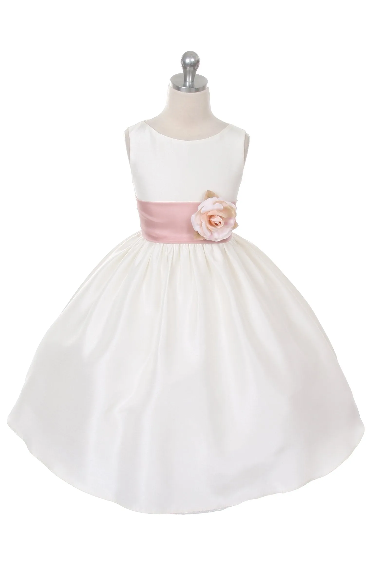 Ivory Classic Poly Silk Girls Dress with Organza Sash