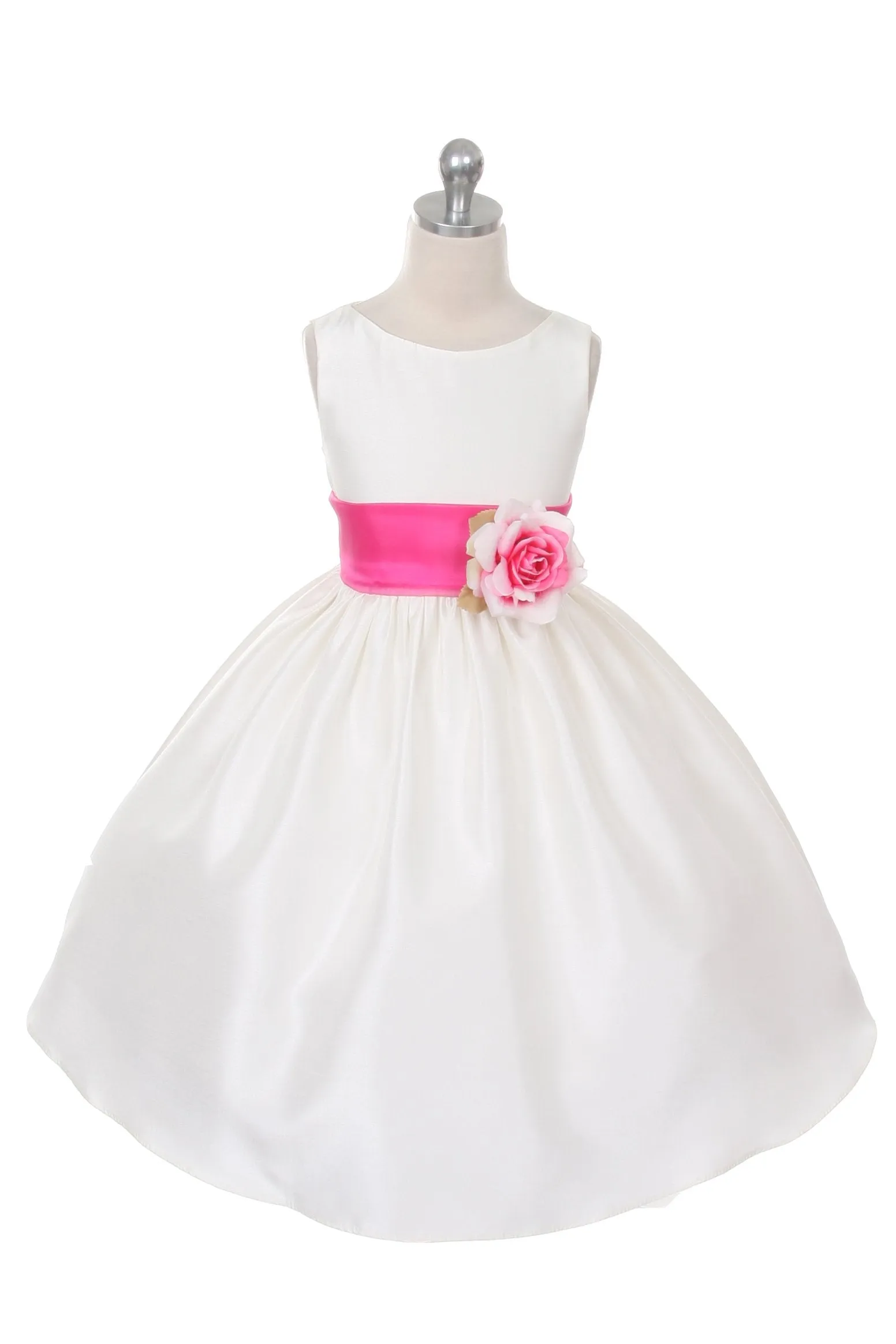 Ivory Classic Poly Silk Girls Dress with Organza Sash