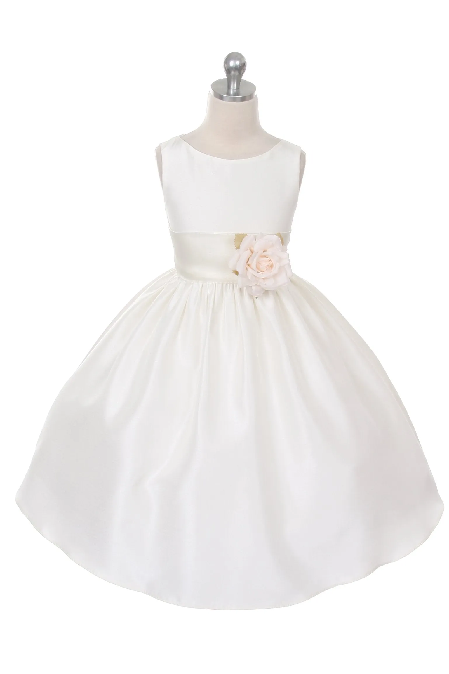 Ivory Classic Poly Silk Girls Dress with Organza Sash