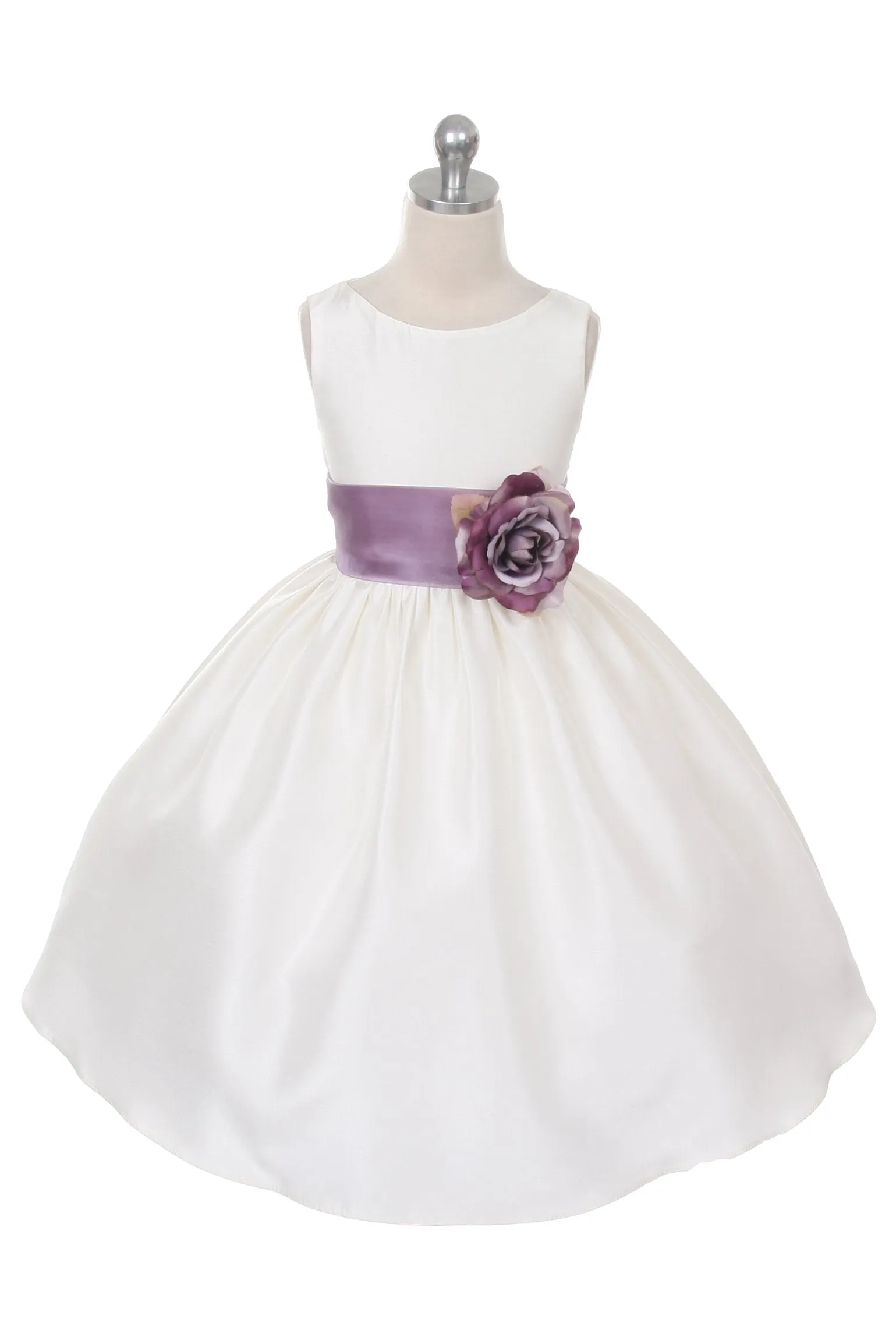 Ivory Classic Poly Silk Girls Dress with Organza Sash