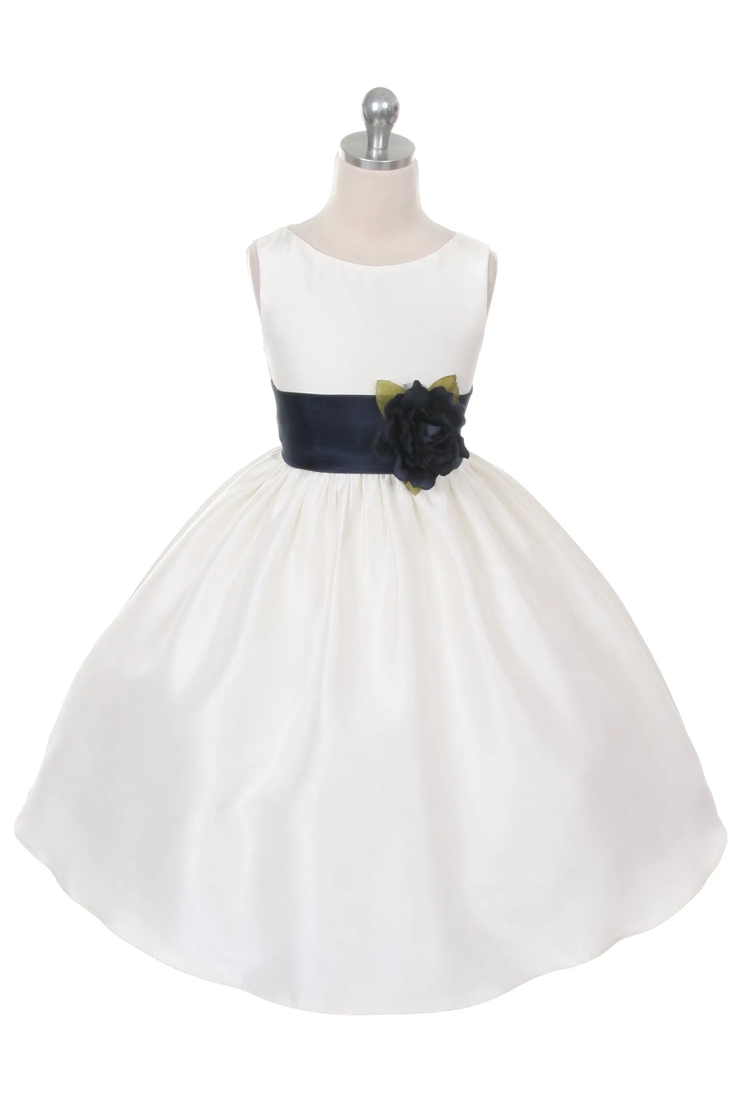 Ivory Classic Poly Silk Girls Dress with Organza Sash