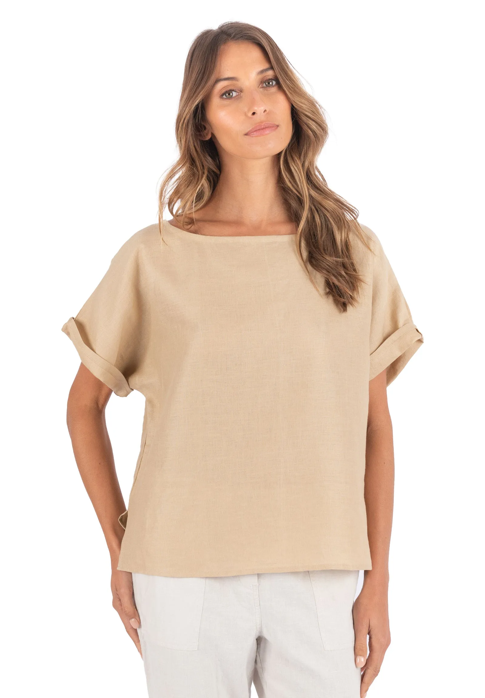 Kaori Caffe Latte Kimono Sleeve Linen Top