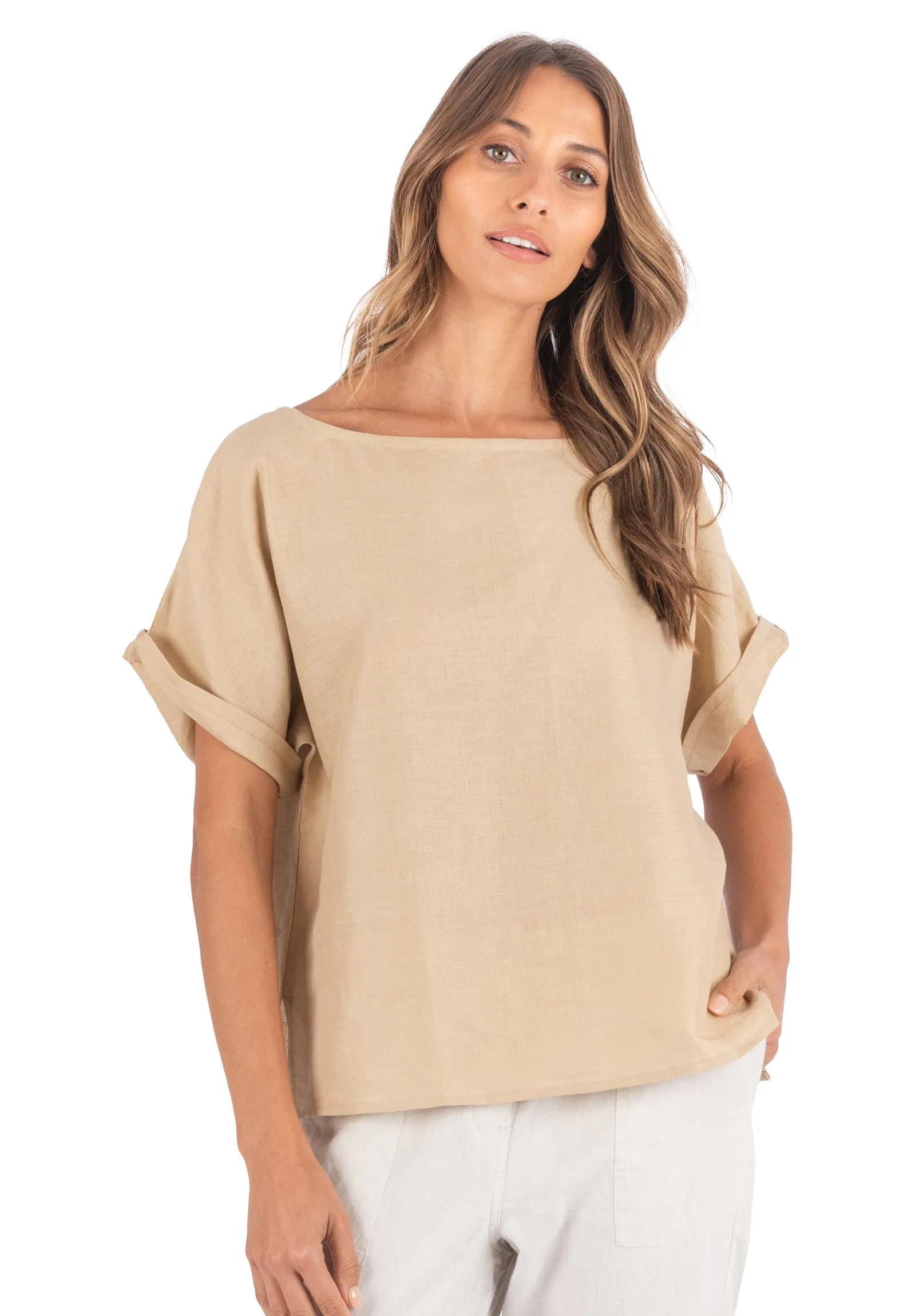 Kaori Caffe Latte Kimono Sleeve Linen Top