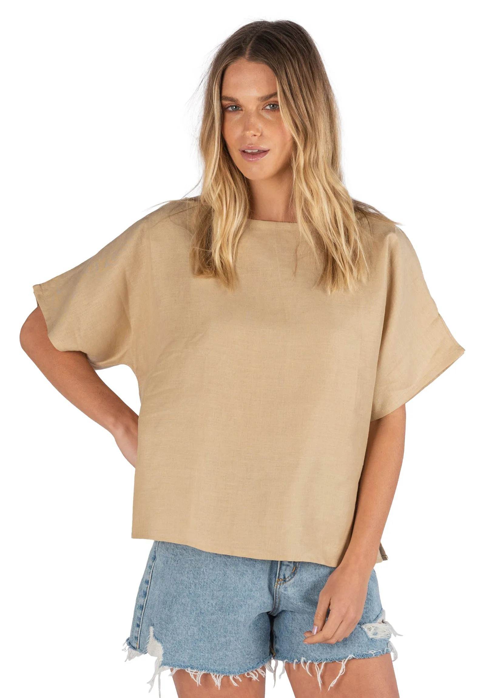 Kaori Caffe Latte Kimono Sleeve Linen Top