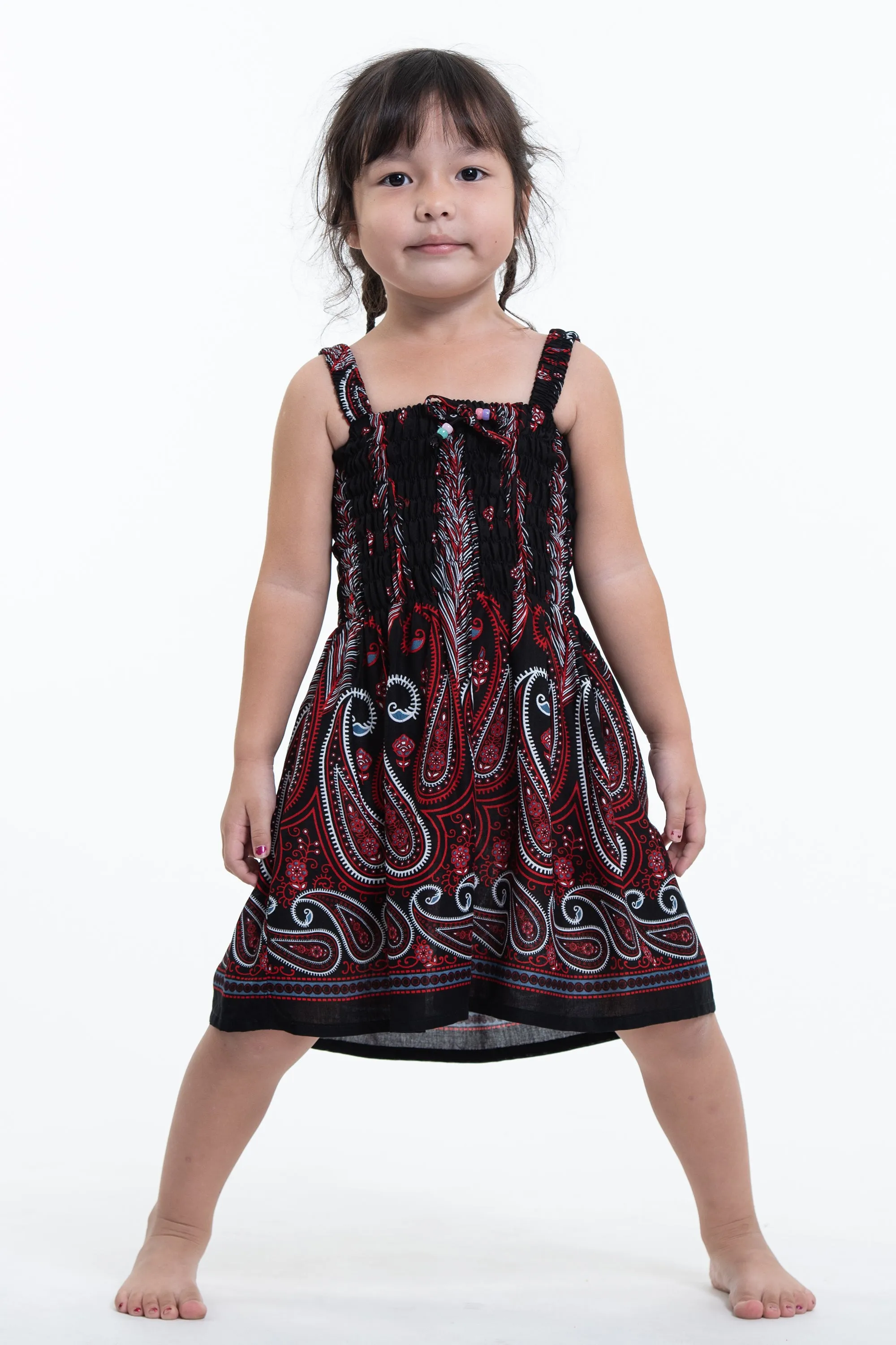 Kids Paisley Feathers Smock Dress in Black