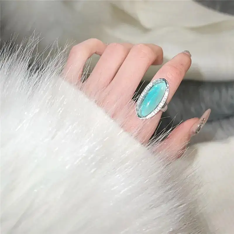 Korean women's retro exaggerated sea blue sterling silver open ring high-end banquet temperament party eye-catching jewelry S449