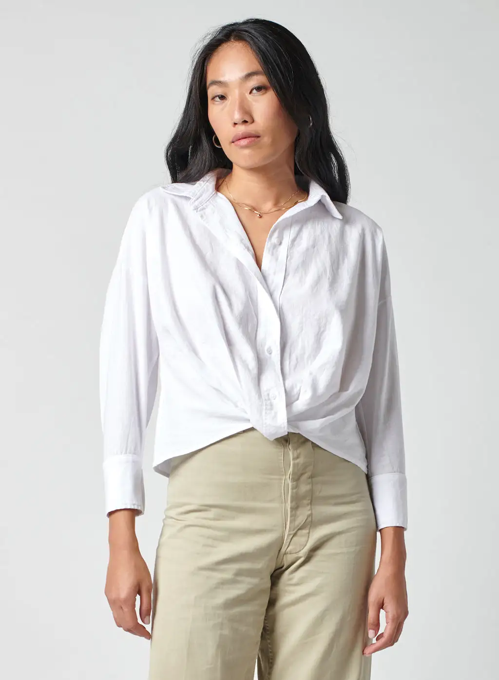 Linen Long Sleeve Front Twist Shirt in White