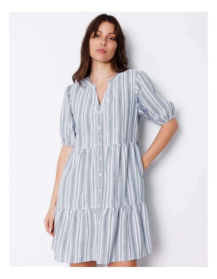 Linen Smock Dress in Blue Stripe