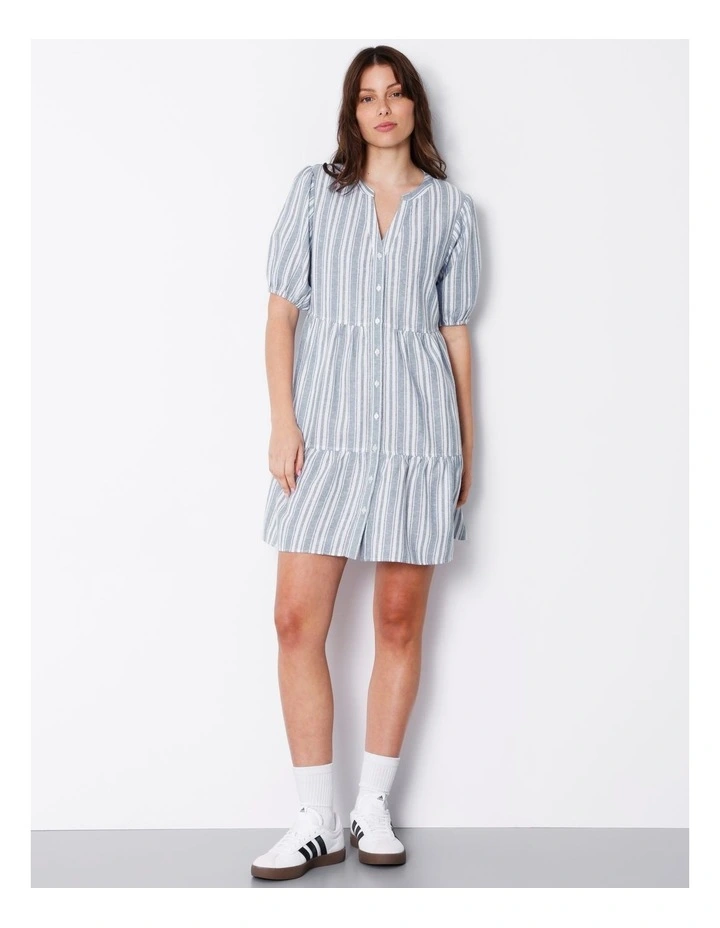 Linen Smock Dress in Blue Stripe