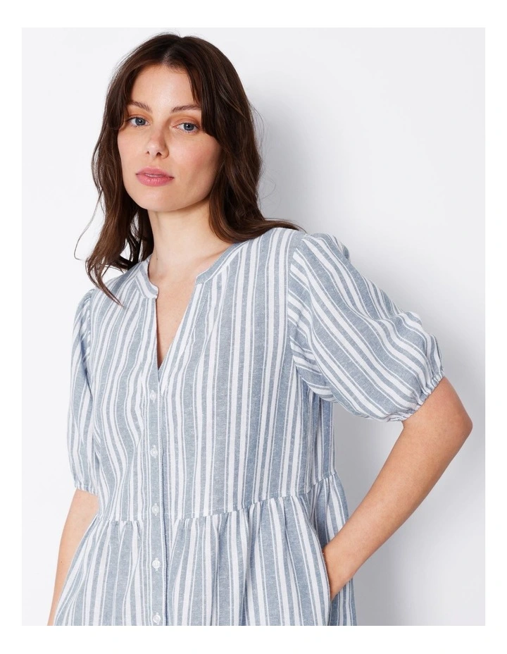 Linen Smock Dress in Blue Stripe