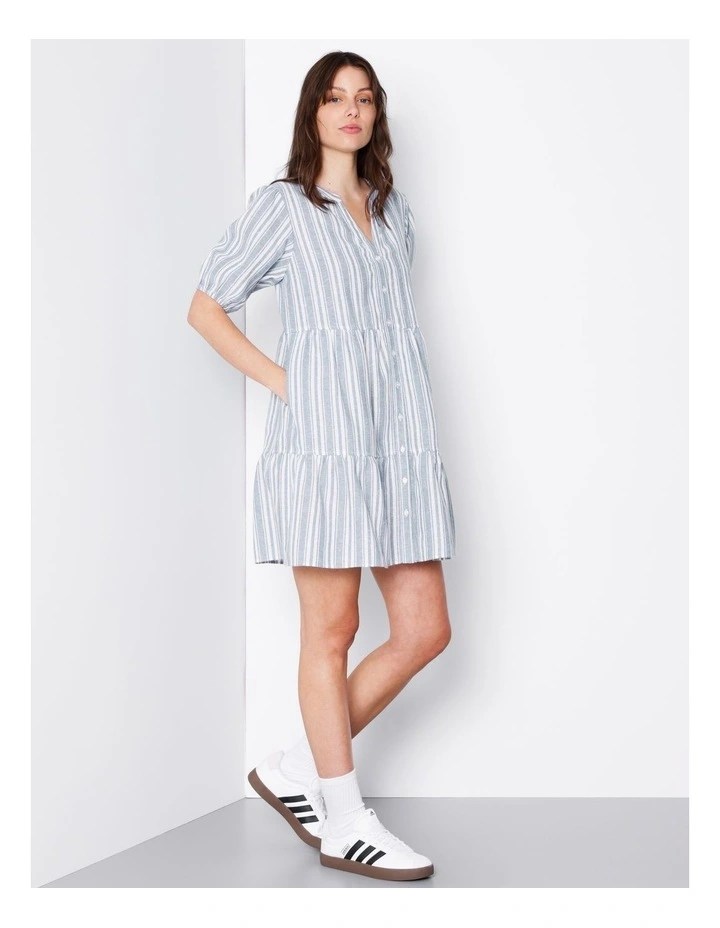 Linen Smock Dress in Blue Stripe