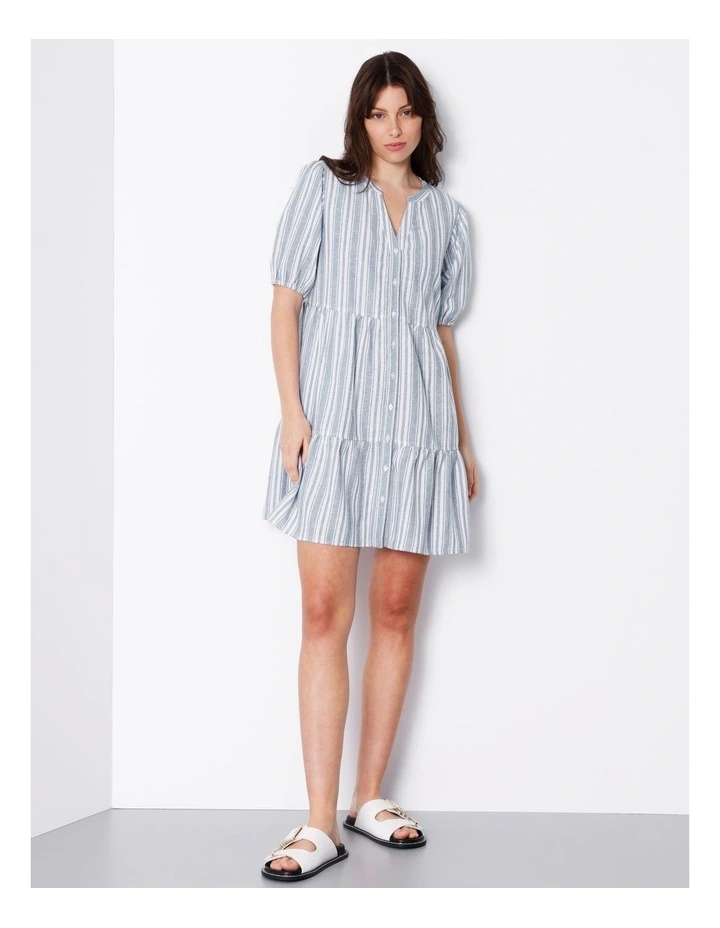 Linen Smock Dress in Blue Stripe