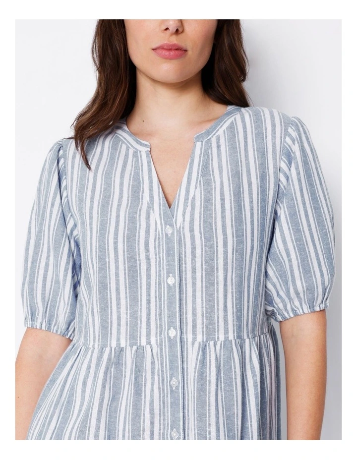 Linen Smock Dress in Blue Stripe