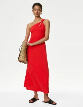 M&S Women's Pure Cotton One Shoulder Midi Relaxed Dress - 12REG - Poppy, Poppy,Black,Winter Lime