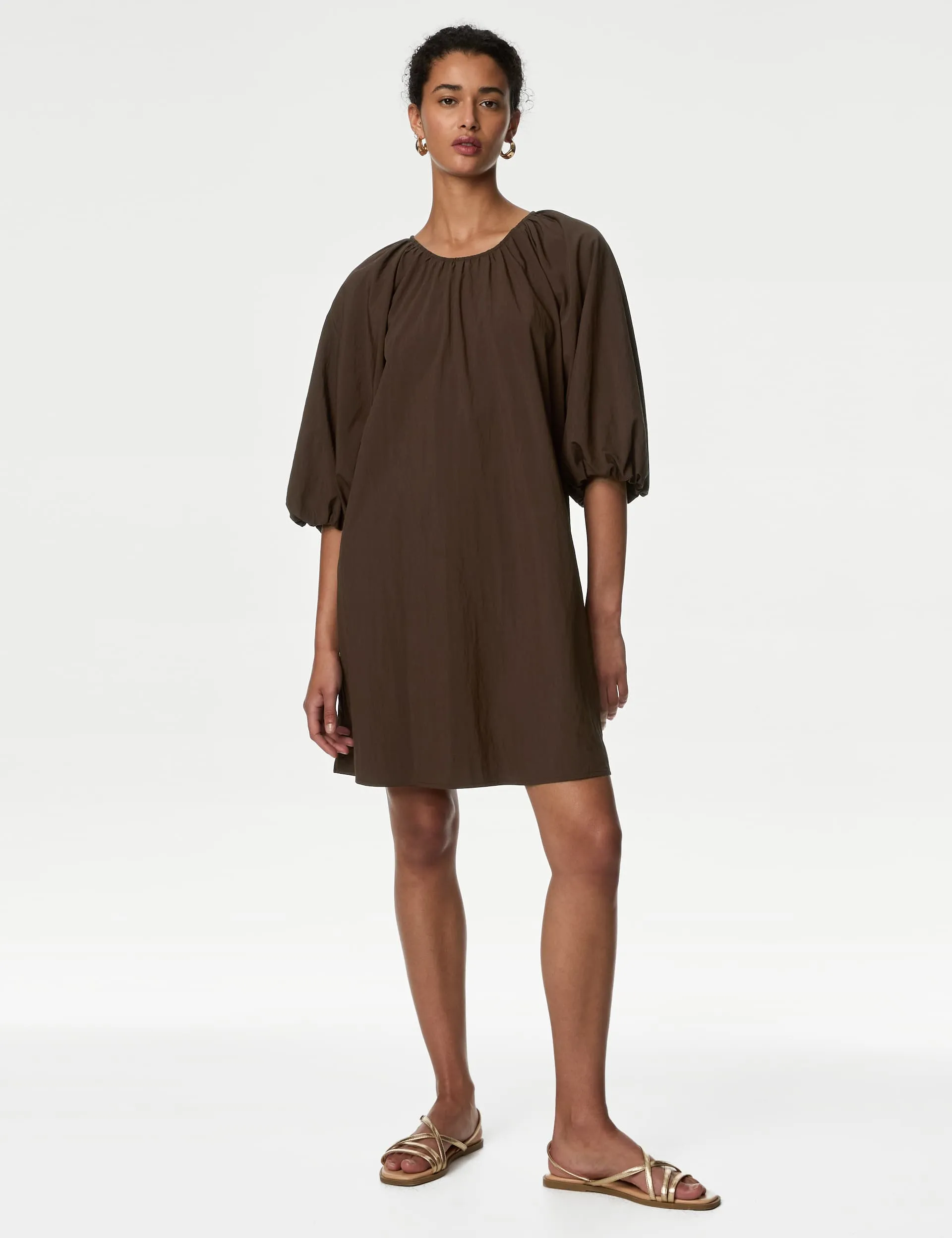 M&S Women's Round Neck Puff Sleeve Mini Smock Dress - 16REG - Chocolate, Chocolate