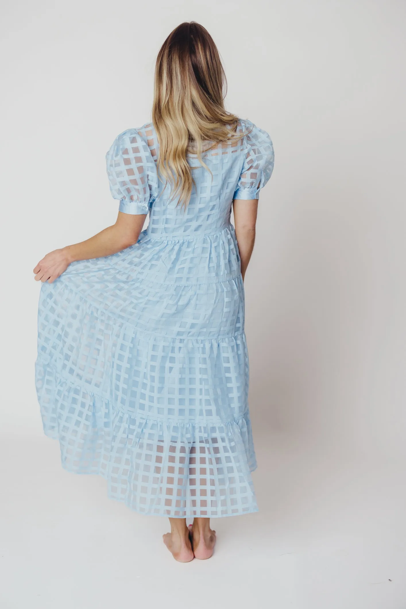 Maude Organza Tiered Maxi Dress with Grid Pattern in Powder Blue