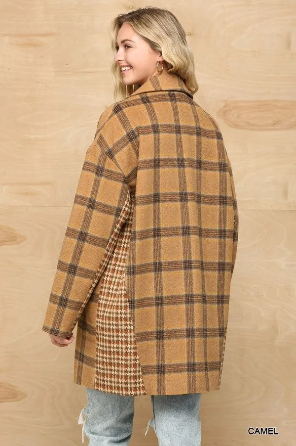 Mixed Oversize Coat with Pockets and Button