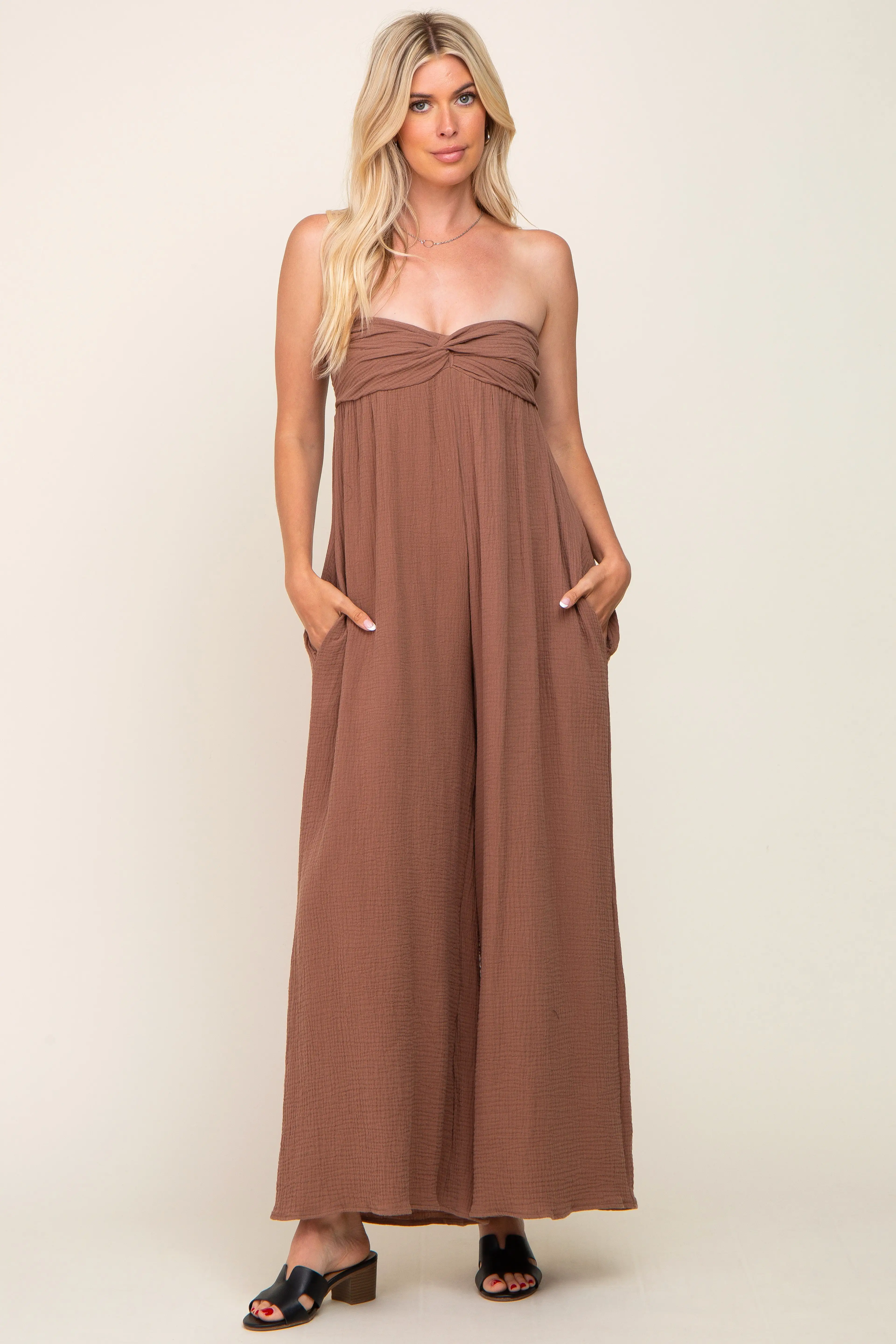 Mocha Strapless Front Twist Jumpsuit