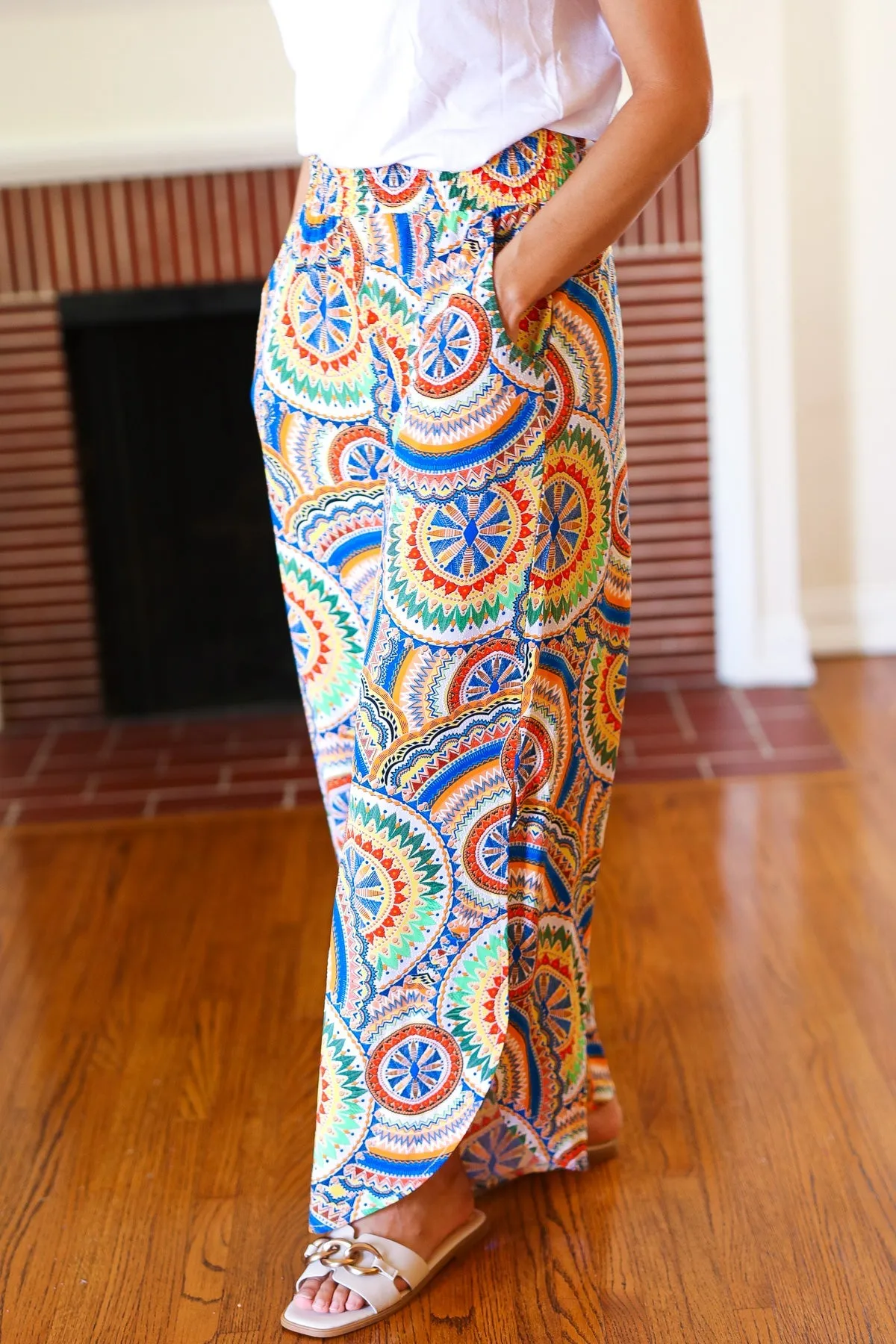 Multicolor Mandala Smocked Waist Side Slit Palazzo Pants