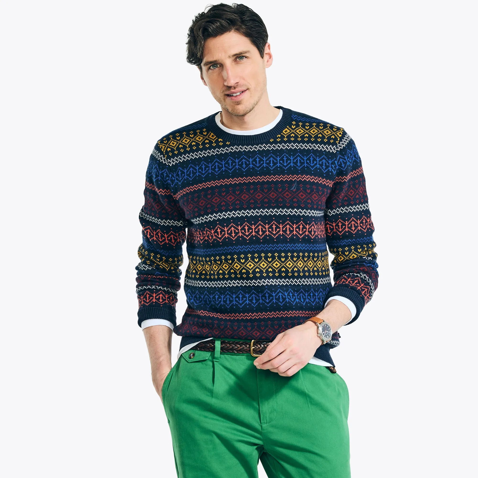 Nautica Men's Fair Isle Jacquard Crewneck Sweater Stellar Blue Heather