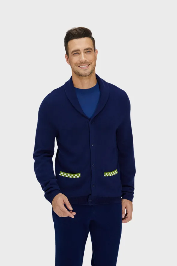 Navy Blue and Green Merino Cardigan