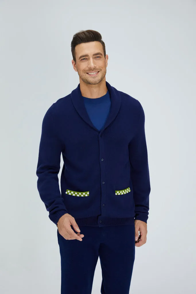 Navy Blue and Green Merino Cardigan