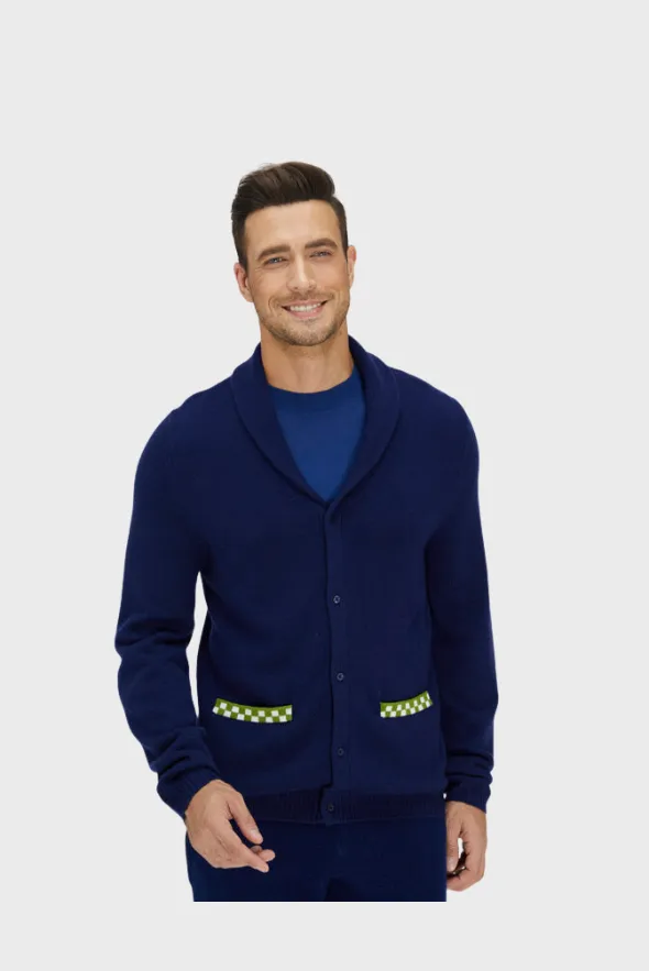 Navy Blue and Green Merino Cardigan