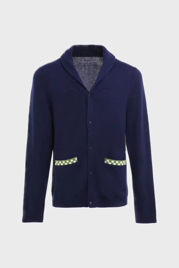 Navy Blue and Green Merino Cardigan