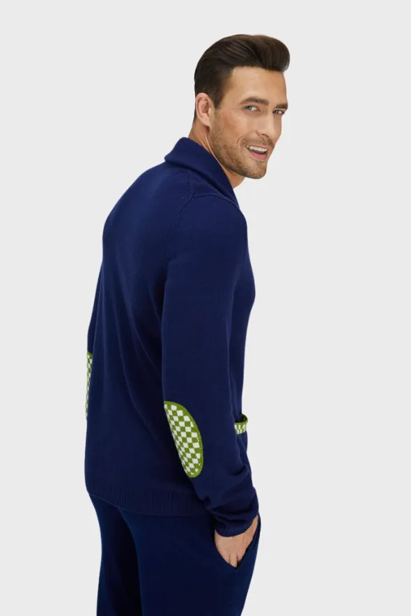 Navy Blue and Green Merino Cardigan