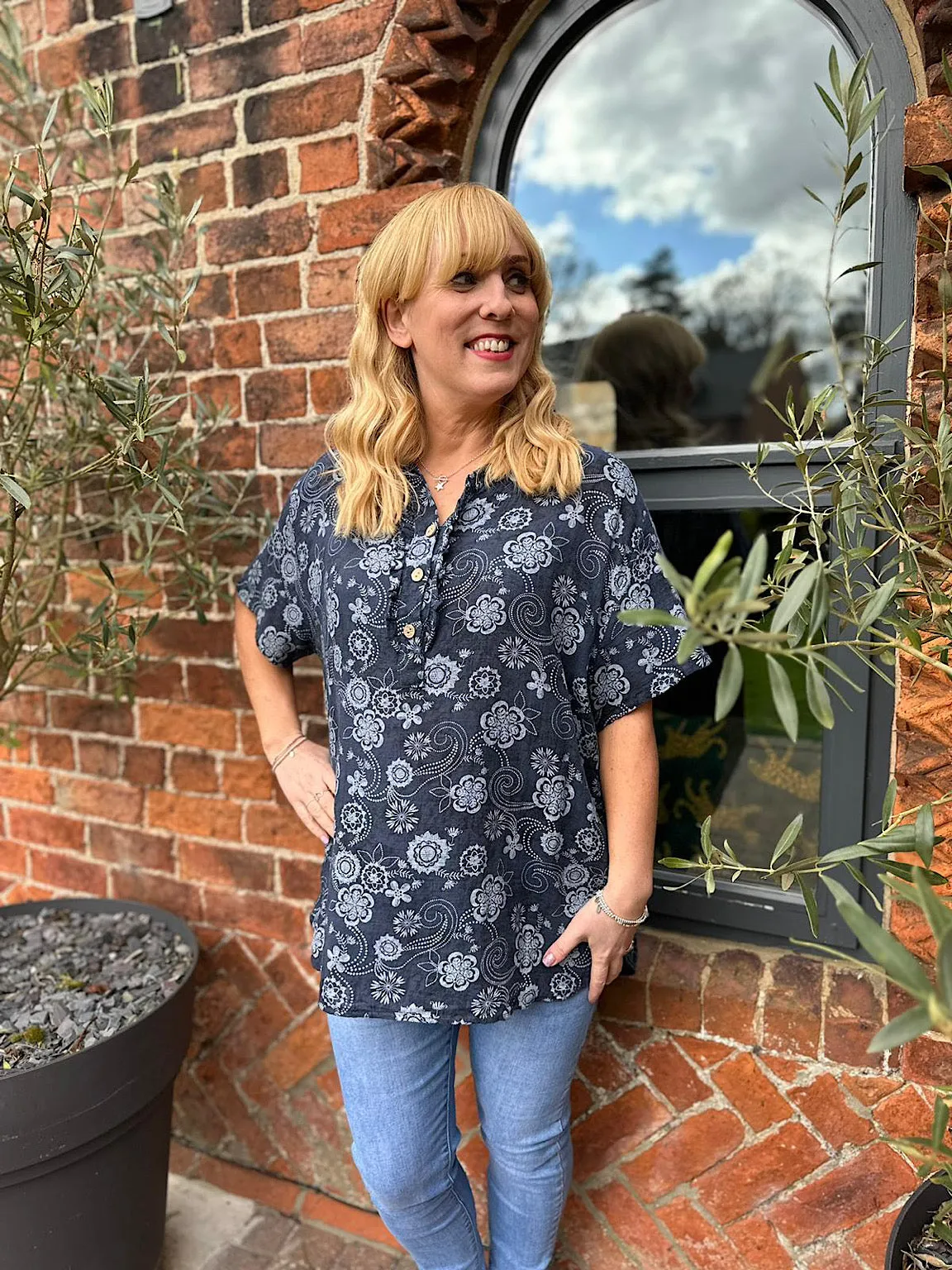 Navy Floral Patterned Frill Button Top Lisa