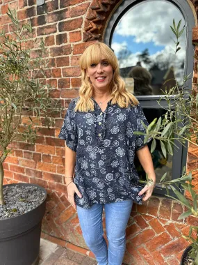 Navy Floral Patterned Frill Button Top Lisa