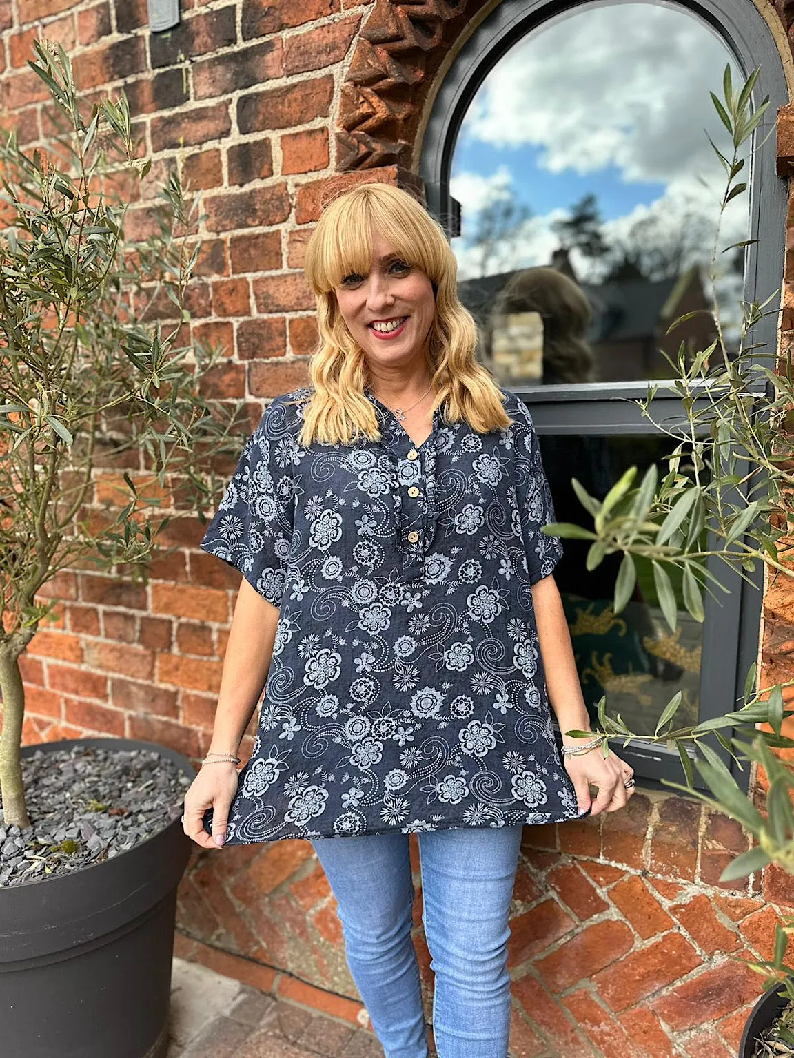 Navy Floral Patterned Frill Button Top Lisa