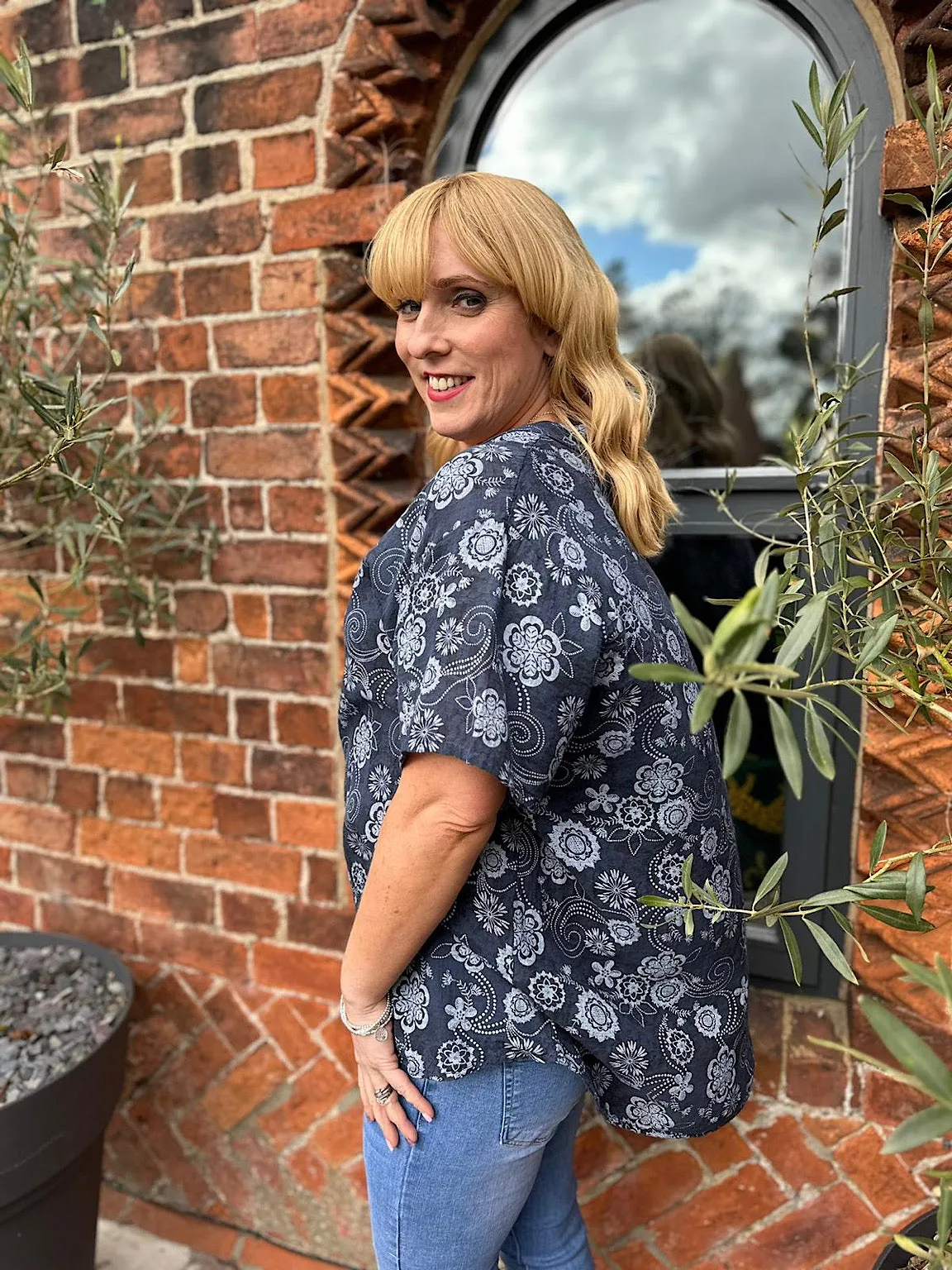 Navy Floral Patterned Frill Button Top Lisa