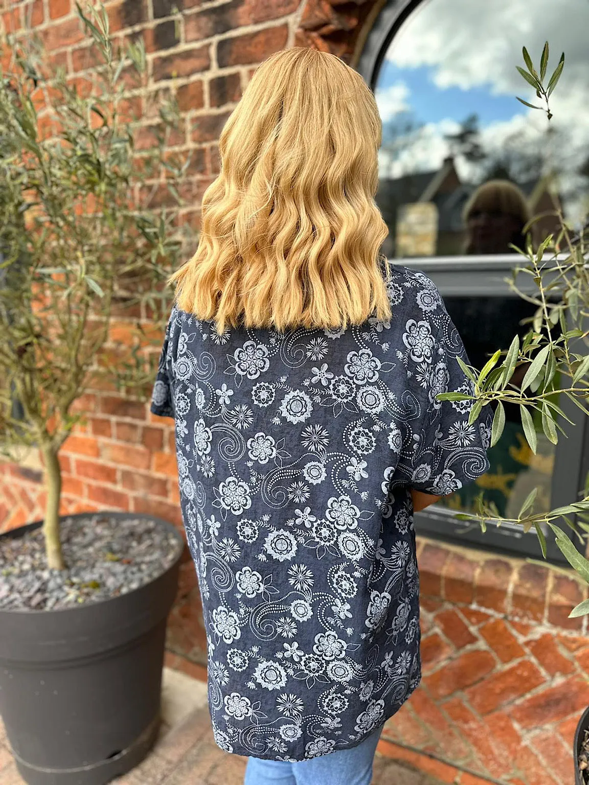 Navy Floral Patterned Frill Button Top Lisa