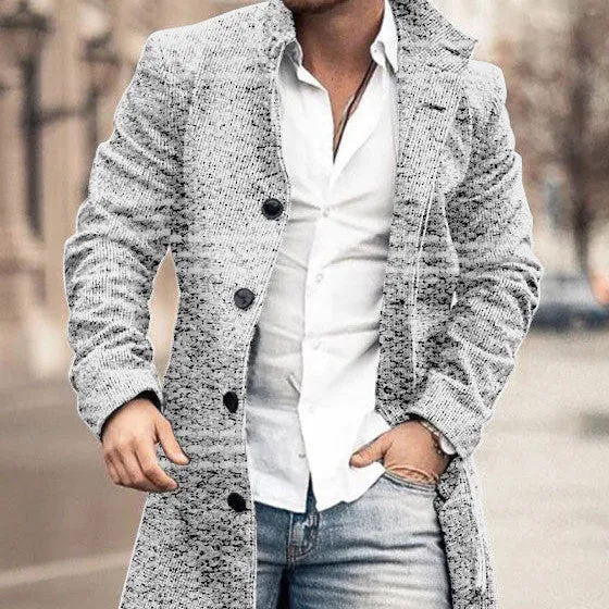 New Men's Woolen Stand Collar Medium Long Pocket Casual Coat