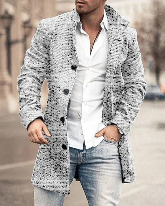 New Men's Woolen Stand Collar Medium Long Pocket Casual Coat