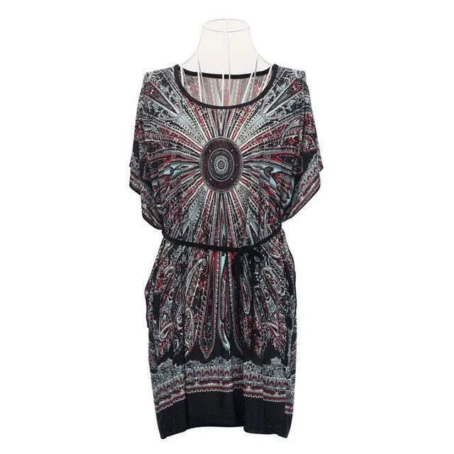 New  Retro Women Dress Loose Robe Ethnic Vestidos Print Boho Short Batwing Sleeve Design Mini Casual Dress Women GS