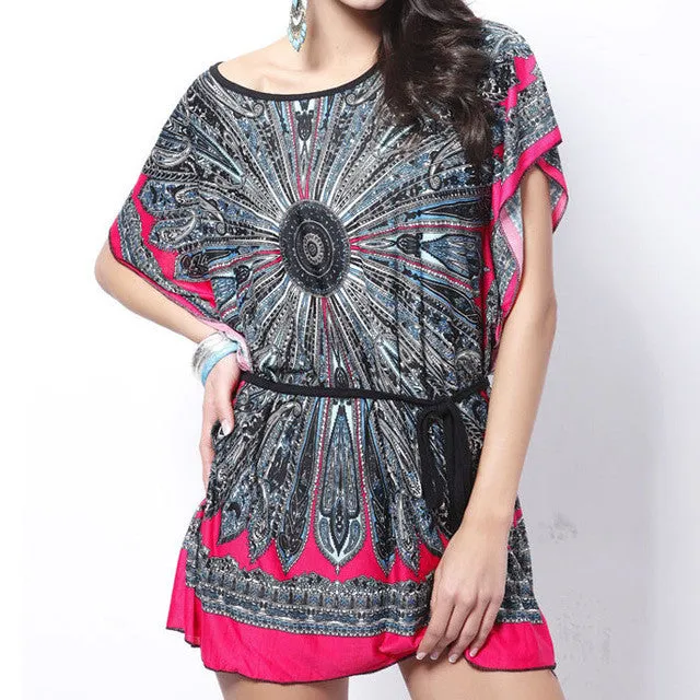 New  Retro Women Dress Loose Robe Ethnic Vestidos Print Boho Short Batwing Sleeve Design Mini Casual Dress Women GS