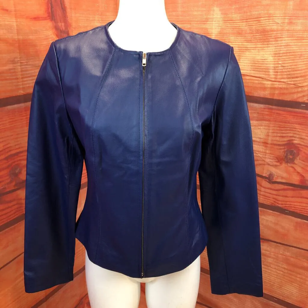 NEWPORT NEWS ROYAL BLUE LEATHER ZIP FRONT JACKET SIZE 8 TC3