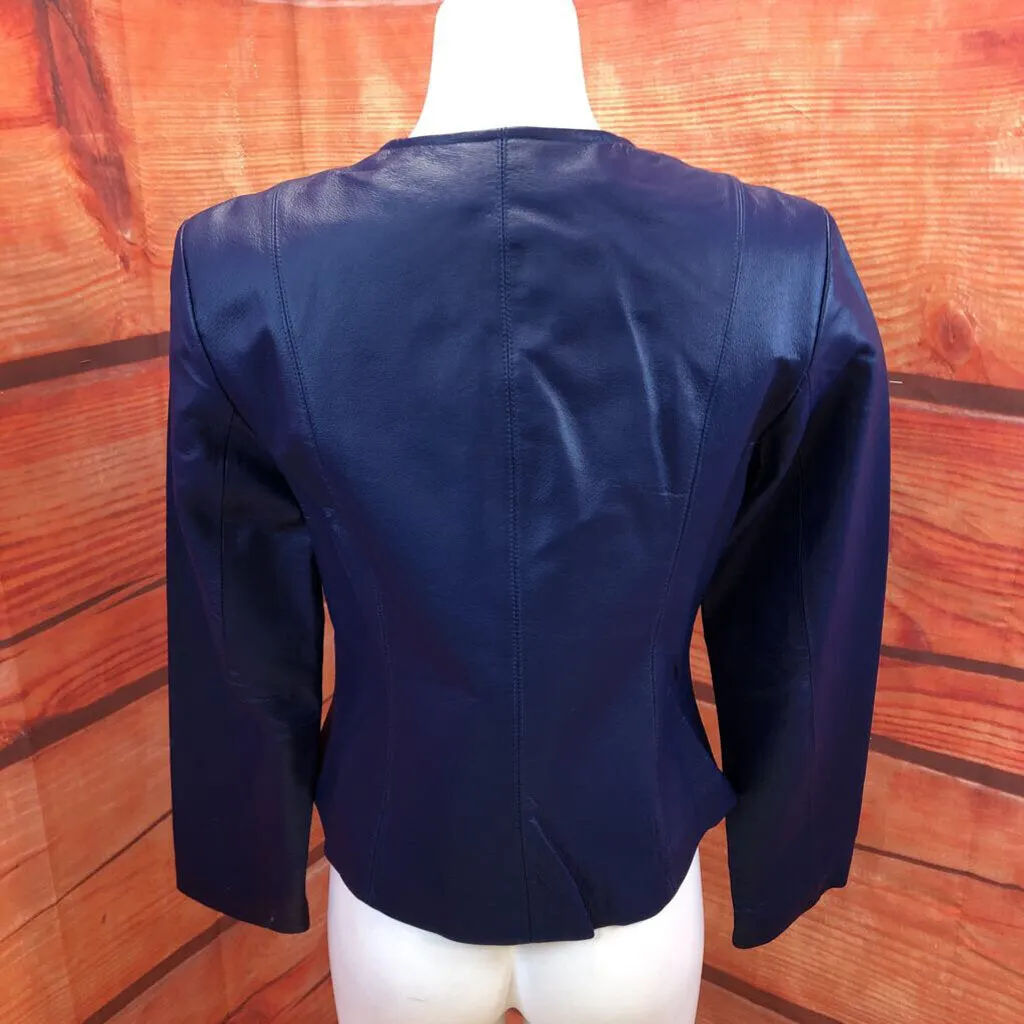 NEWPORT NEWS ROYAL BLUE LEATHER ZIP FRONT JACKET SIZE 8 TC3