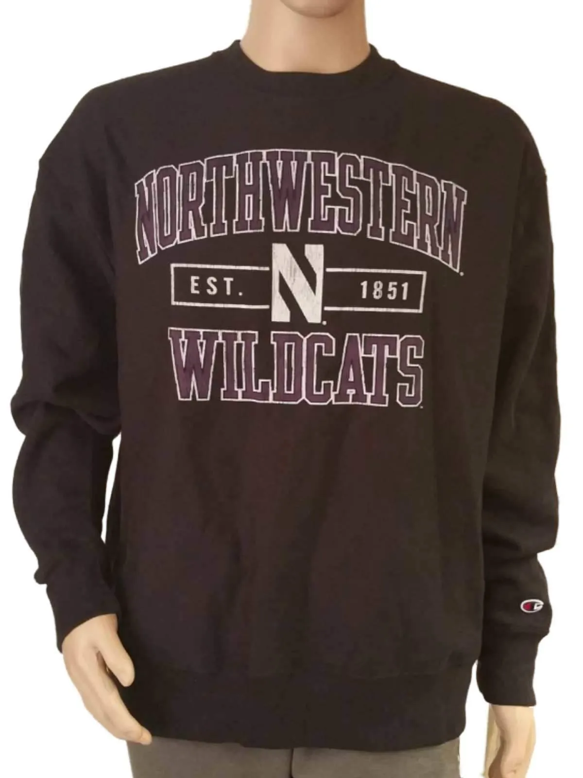 Northwestern Wildcats Champion Black Long Sleeve Crew Pullover Sweatshirt (L)