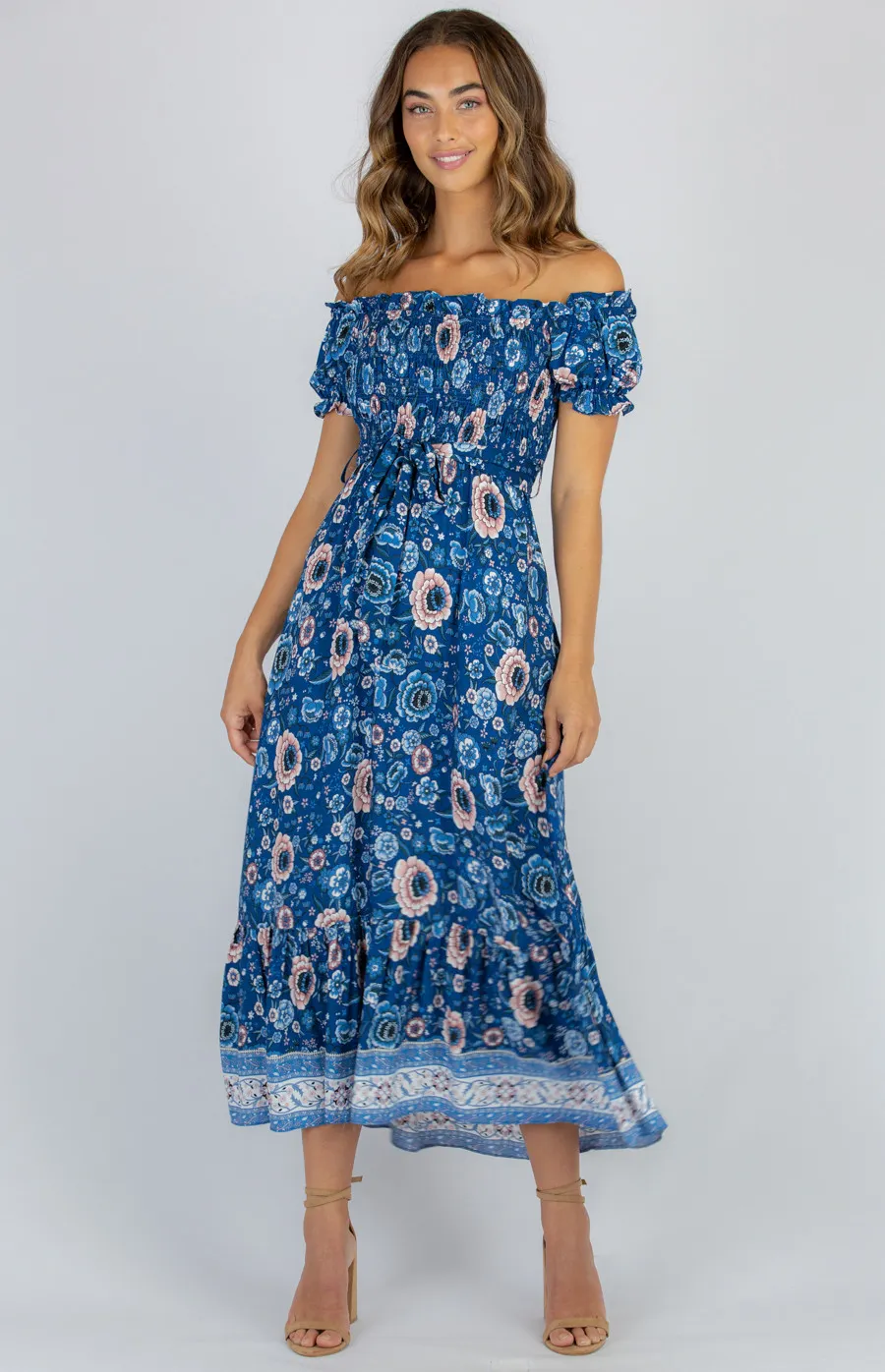 Off The Shoulder Shirred Detail Cotton Boho Maxi Dress (SDR977A)