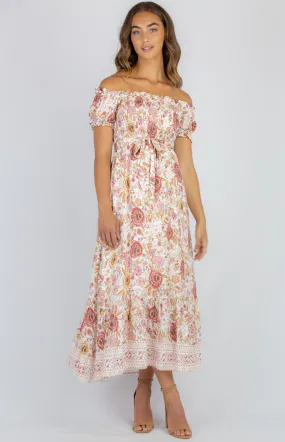 Off The Shoulder Shirred Detail Cotton Boho Maxi Dress (SDR977A)