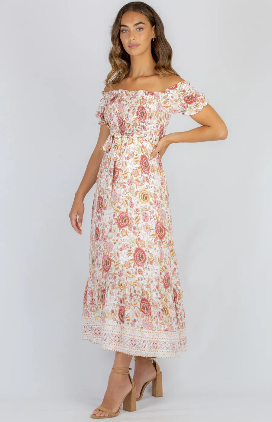 Off The Shoulder Shirred Detail Cotton Boho Maxi Dress (SDR977A)