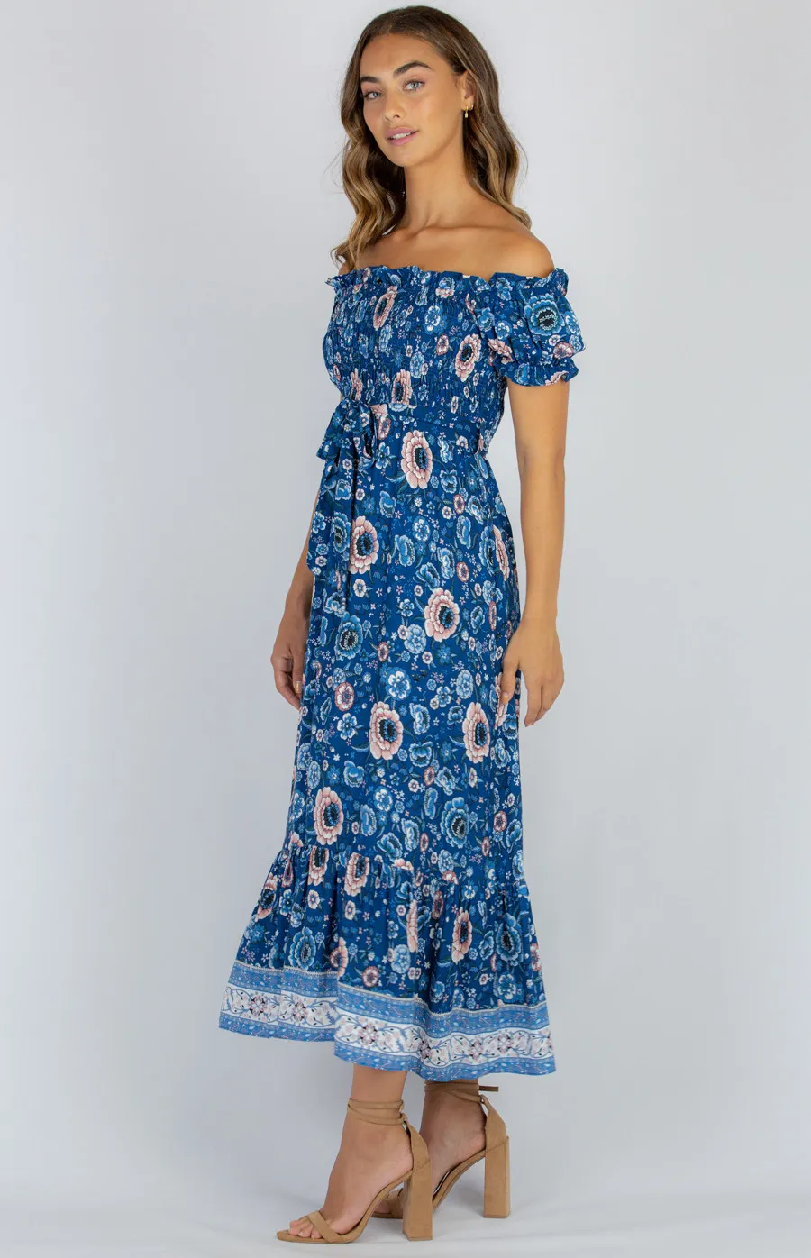 Off The Shoulder Shirred Detail Cotton Boho Maxi Dress (SDR977A)